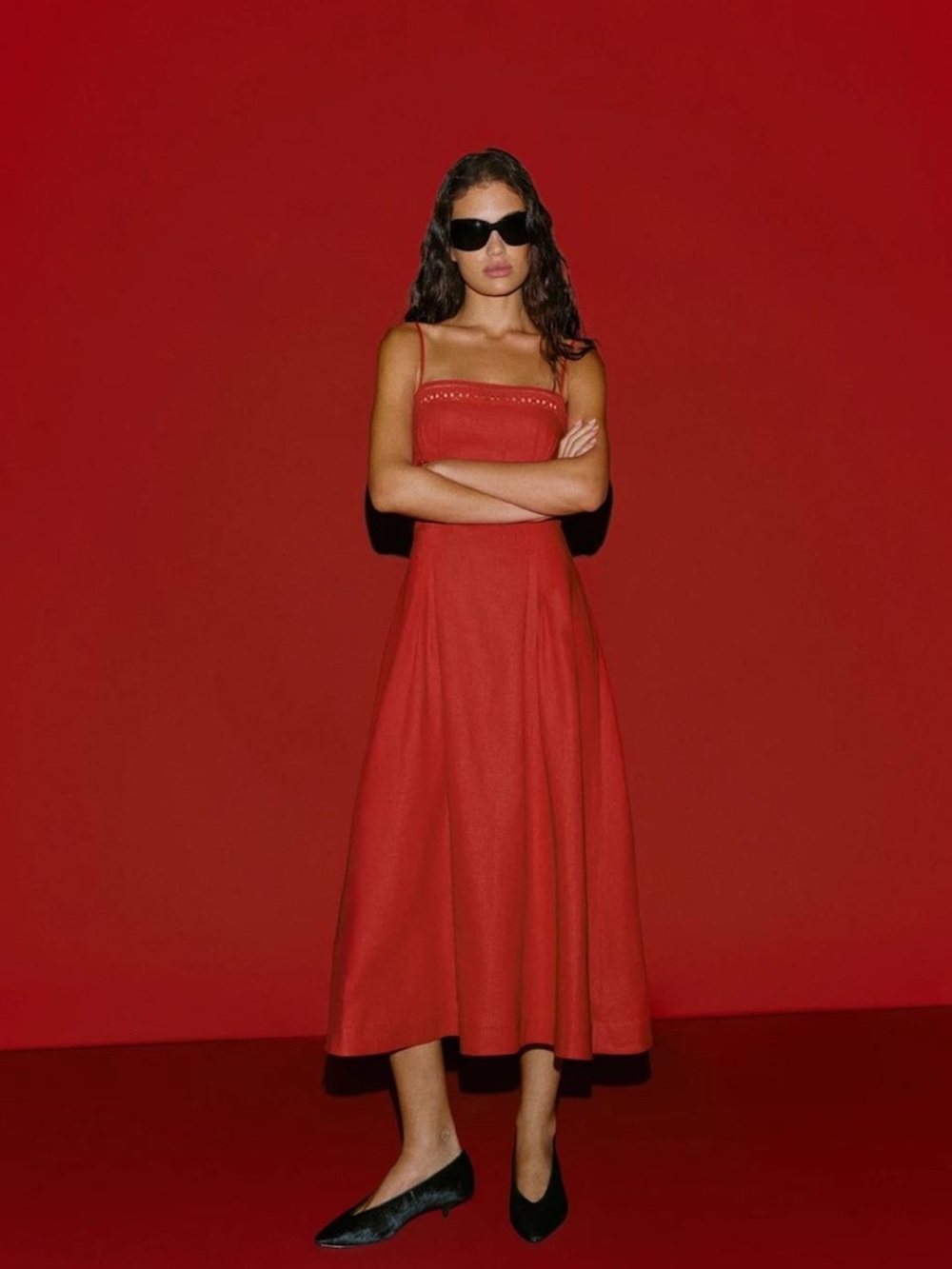 Reformation Pomona Linen Midi Dress in Red